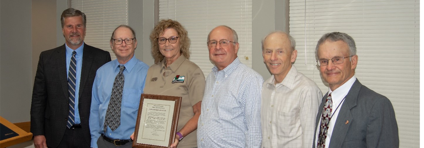 Pictured are DNR Secretary Adam Payne, John McCarthy, DNR Superintendent Anne Korman, Mark Herr, Paul Keber, and NRB Chairperson Bill Smith.  Photo by Wisconsin DNR.